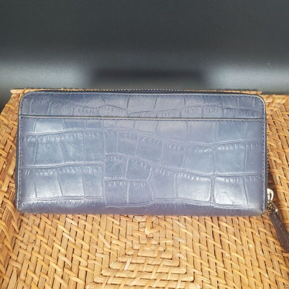 Coach Croc Embossed Leather Accordion Zip Wallet Navy Blue F52654 - Picture 2 of 7